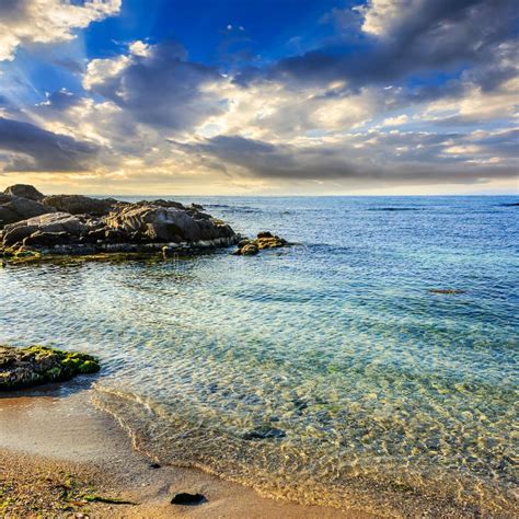 Calm Sea Beach With Boats At Sunset Stock Image Image Of Blue Calm