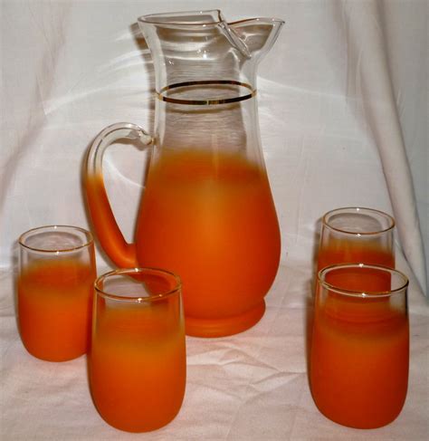 Vintage Retro Juice Set Orange Frosted Glass Pitcher And 4