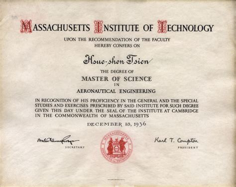 Qian Xuesens Mit Masters Degree Certificate In Aeronautical