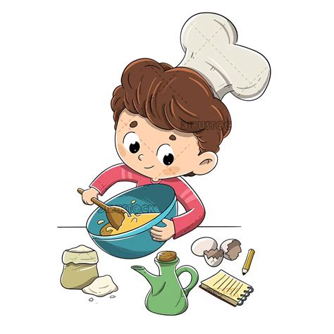 Boy Making A Recipe With Ingredients Vector Illustrations From