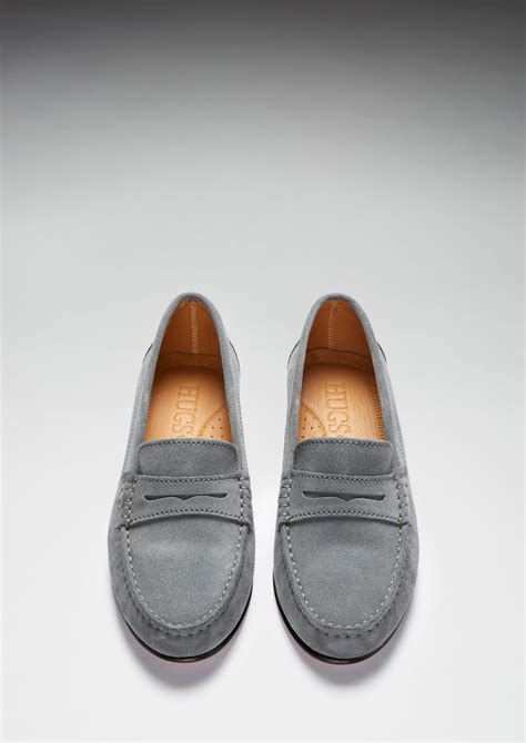 Womens Penny Loafers Leather Sole Slate Grey Suede Hugs And Co