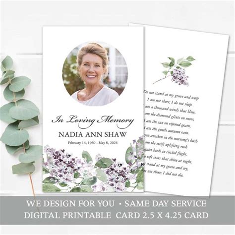 Custom Mass Card Printable Template For Funerals With Photo And Lilacs