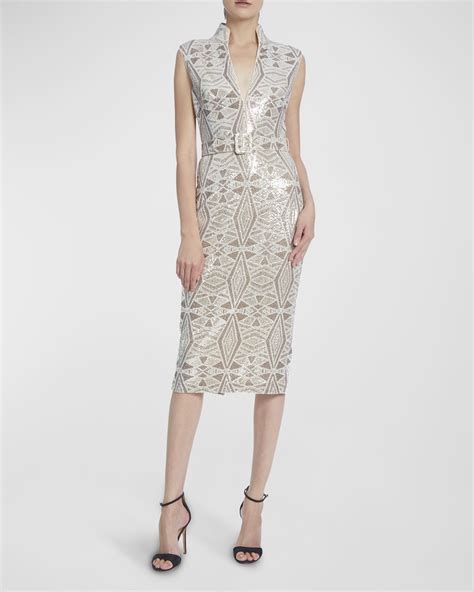 Badgley Mischka Collection Belted Floral Print Sequin Midi Dress Neiman Marcus