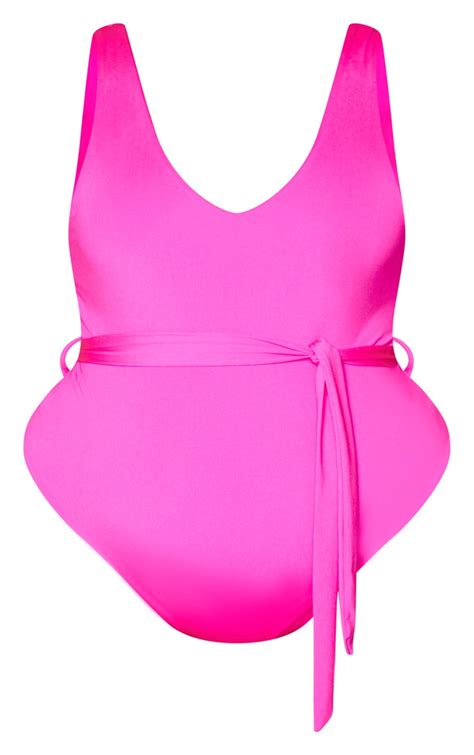 Plus Pink Belted Plunge Swimsuit Plus Size Prettylittlething
