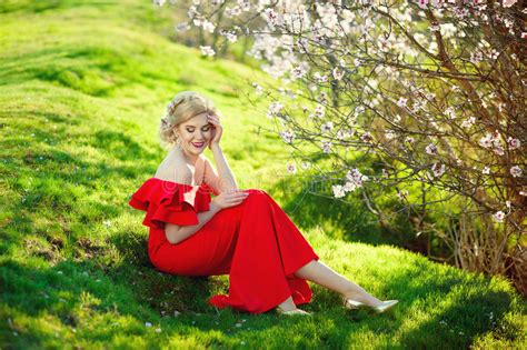 Teen Girl Beautiful Cheerful Enjoying Over Spring Apricot Blooming Tree