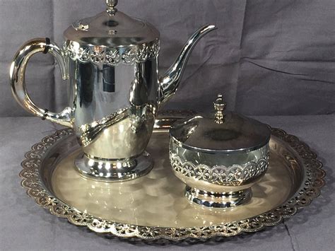 Vintage Silver Tea Set Decorative Silver Plated Tray Teapot Sugar Bowl