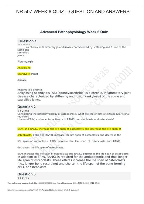 Nr Week Quiz Advanced Pathophysiology Nr Week Quiz