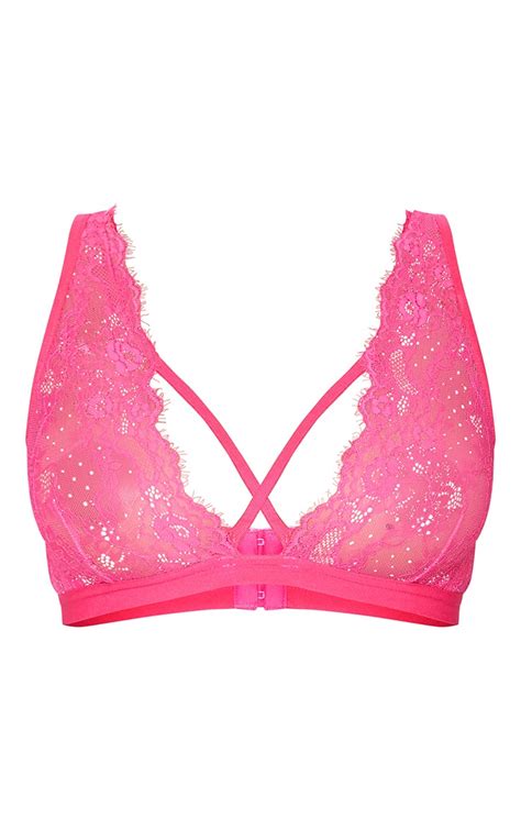 Hot Pink Cross Front Strap Lace Bra Prettylittlething Sa