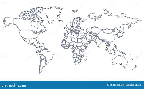 World Map With Country Borders Thin White Outline Vector Image Gambaran