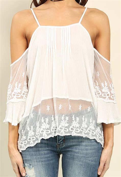 Floral Embroidered Mesh Open Shoulder Top Shop New And Now At Papaya