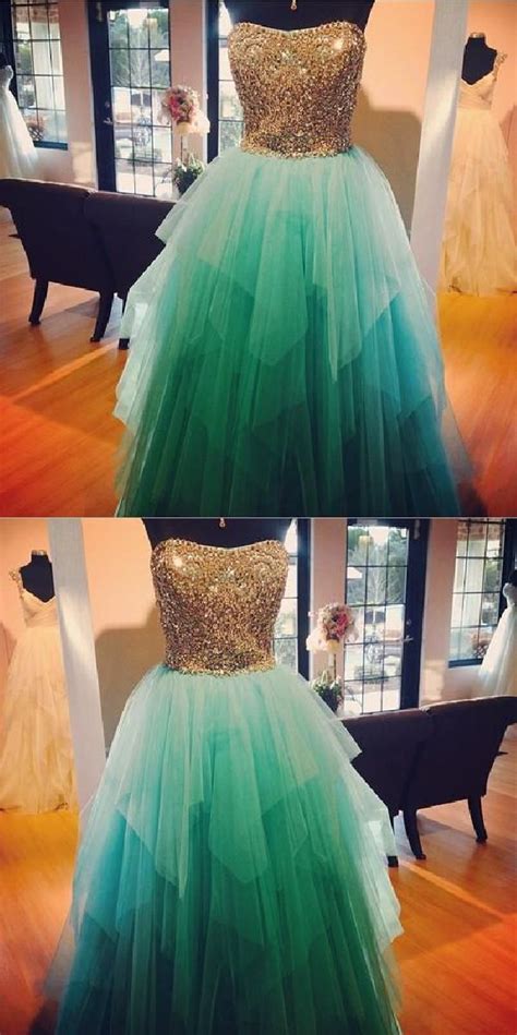 Turquoise Prom Dress Ball Gown Strapless Neckline With Gold Bead Bodice