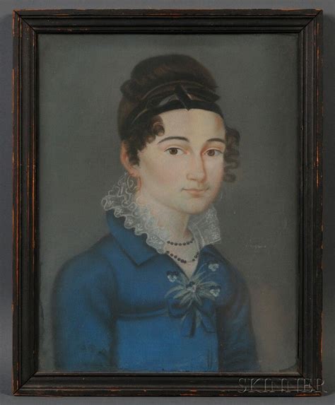 American School Early 19th Century Portrait Of A Woman Wearing A Blue
