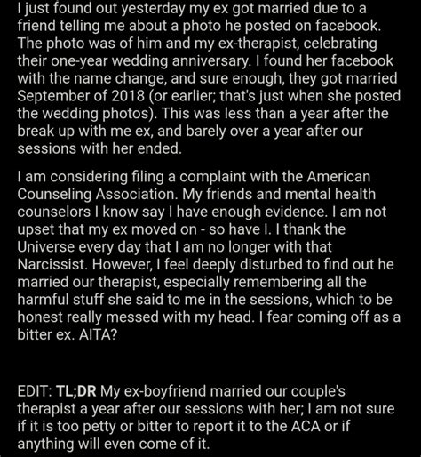Am I The Asshole On Twitter Aita If I Report The Couples Therapist That Married My Ex