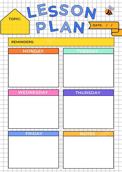 Lesson Plan Template For Children With A Adorable Color Grid Design