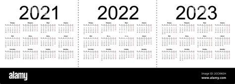 Calendar Grid For 2021 2022 And 2023 Years Simple Horizontal Template