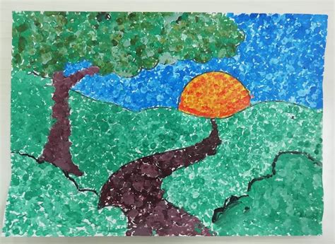 Paisaje Con Puntillismo Y Bastoncillos Cuaderno De Primaria