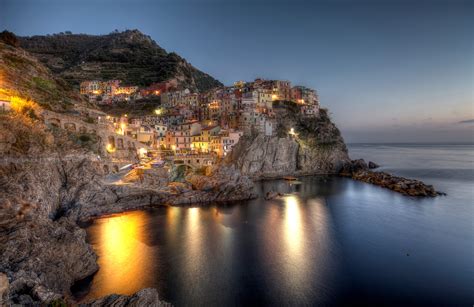 Italy Houses Coast Crag Night Manarola Liguria Cities Wallpapers