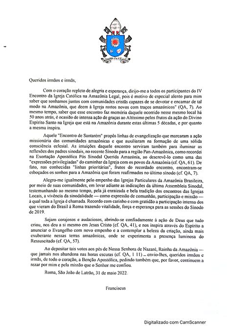 Arquidiocese De Porto Velho Papa Francisco Envia Carta Aos
