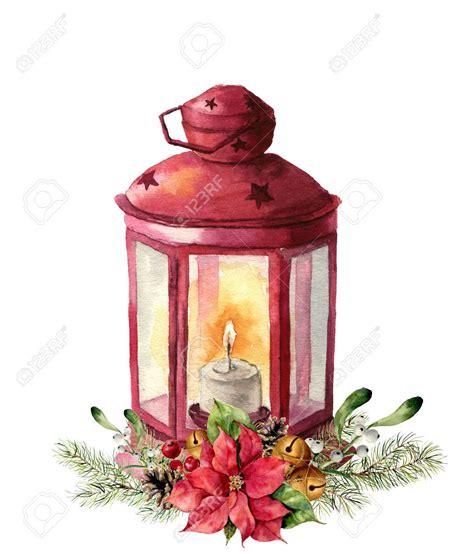 Candlestick Watercolor Traditional Red Lantern With Candle And Floral