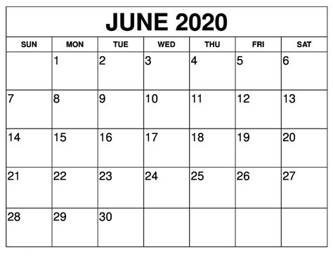 Printable Blank Monthly Calendar June 2020