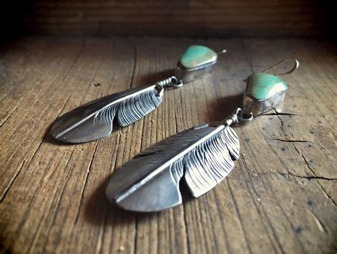 Reserved For E Navajo Earrings Silver Feather Turquoise Earrings