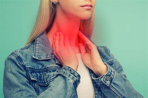 A Young Girl Has A Sore Throat Thyroid Problems Stock Image Image Of
