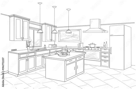 Interior Sketch Of Kitchen Room Outline Blueprint Design Of Kitchen