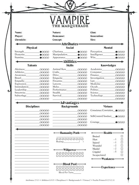 Vampire Character Sheet Fill And Sign Printable Template Online Us