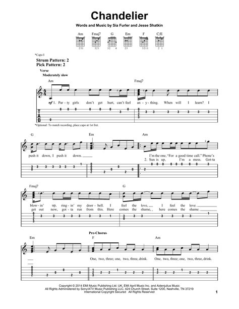 Chandelier Sheet Music By Sia Easy Guitar Tab 157940