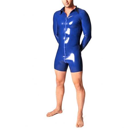 blue latex men s rubber suit sexy bodysuit latex handmade catsuit with front zip 0 4mm thickness