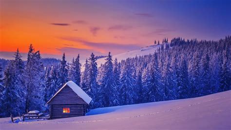 Cottage Fiery Cabin Beautiful Sunset Valley Cold Mountain Frost