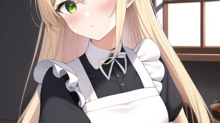 Long Hair Blonde Green Eyes Ai Art Anime Girls Maid Maid Outfit Embarrassed Portrait