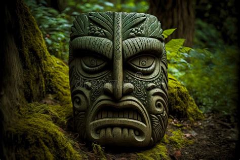 Frightened Face Of God Stone Tiki Mask In Forest Stock Illustration
