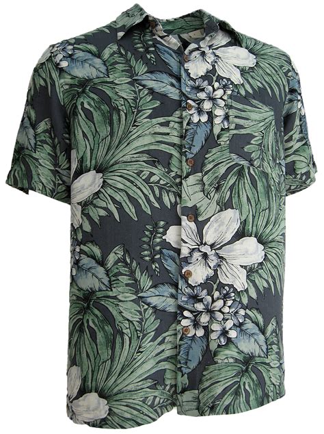 Mens Silk Camp Shirt Grey Hawaiian Cool Casual Floral Aloha