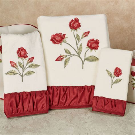 Briar Rose Embroidered Red Floral Bath Towel Set