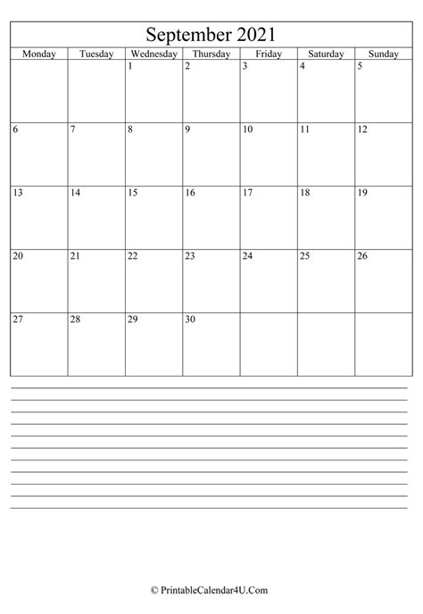 Printable September Calendar 2021 With Notes Portrait