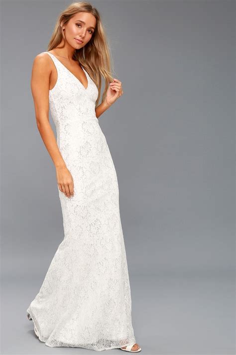 Stunning White Lace Bridal Dress Deep V Maxi Dress Lulus
