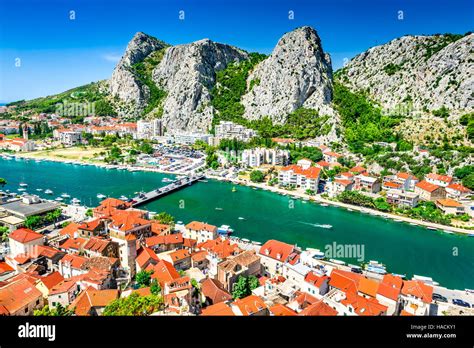 Omis Croatia Dalmatia Coast Panorama With Emerald Green Cetina River