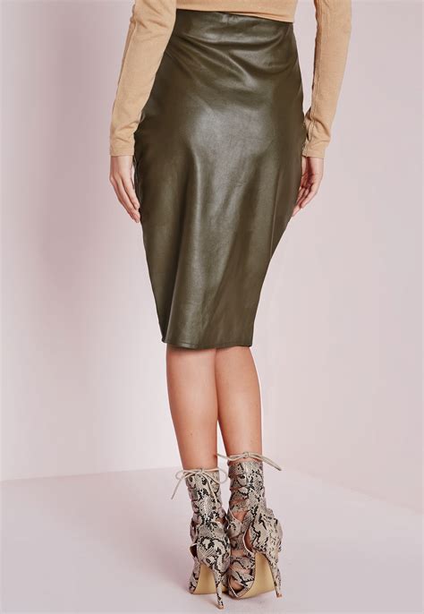 Lyst Missguided Button Front Faux Leather Midi Skirt Khaki In Natural