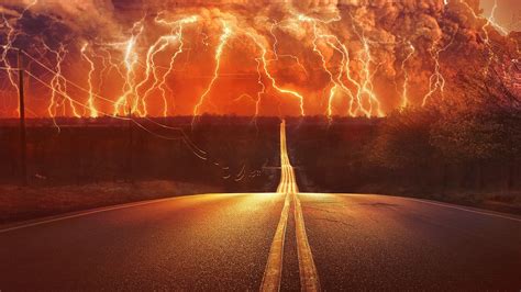 Online Crop Landscape Photography Of Road Between Trees And Thunder
