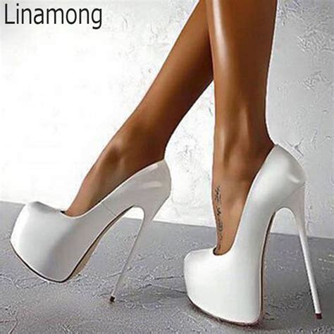 Sexy 16 Cm Ultra High Heels Plateau Pumps Solide Shiny Leder Damen Slip