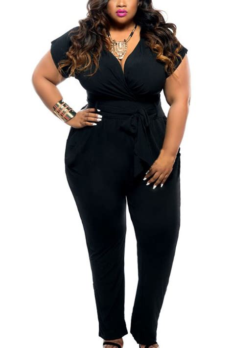 Plus Size Jumpsuit In Black With Wrap Front And Self Tie Us2195 Yoins