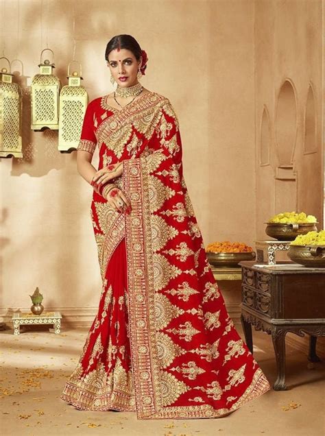 Red Bridal Saree Heavy Embroidery Designer Saree Indian Etsy