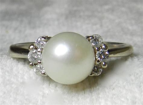 Pearl Engagement Ring Diamond Pearl Ring Vintage 14k White Gold 7 Mm