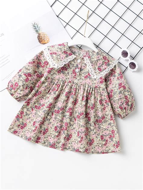 Toddler Girls Floral Schiffy Insert Sailor Collar Babydoll Dress