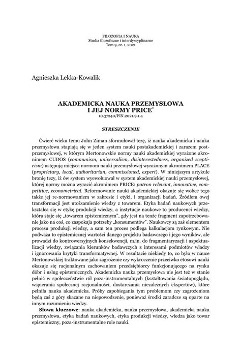 PDF Akademicka nauka przemysłowa i jej normy PRICE
