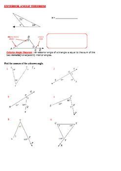 Write the exterior angle theorem as it applies to this triangle. Exterior Angle Theorem Lecture notes, Worksheet | Lectures ...