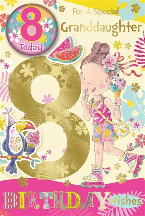 Granddaughter 8th Birthday Card And Badge Age 8 Girl With Ice Cream Gold