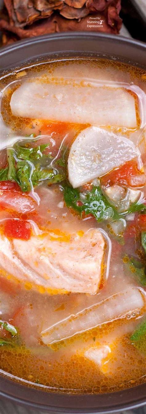 Easy pinoy vegetable soup ingredients · 2 tablespoons salted butter · 1 medium red onion, peeled, sliced · 1 large carrot, peeled, cubed small · 1 . Salmon-Miso Sinigang (Filipino Sour Soup) Recipe | Recipe ...
