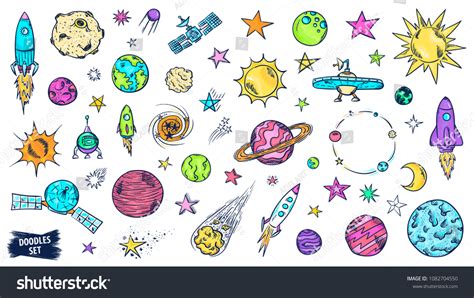 Space Doodles Set Astronomy Cosmic Sketches Stock Vector Royalty Free